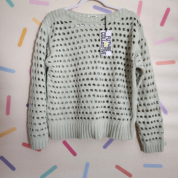 Jenee Naylor Crewneck Open Stitch Sweater NWT Future Collective Light Green - Picture 4 of 9
